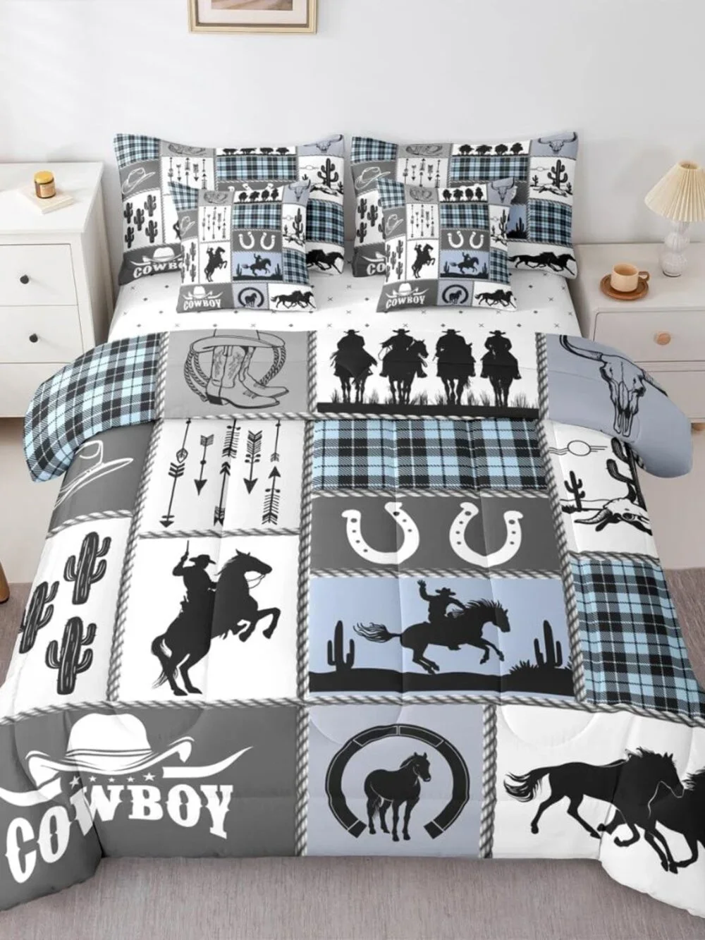 7 Pieces King Size Western Cowboy Kids Comforter Set,Horseshoes Cactus Rustic Fa